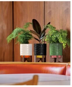 Debossed Plant Pot On Wooden Stand - Black